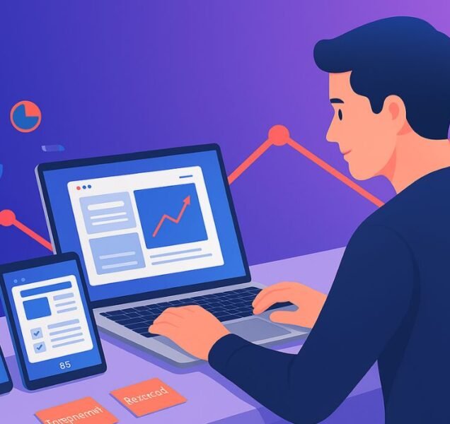 Ilustracija web dizajnera fokusiranog na laptop s responzivnim prikazom web-stranica i grafom rasta u pozadini, stilizirana u Digistil bojama