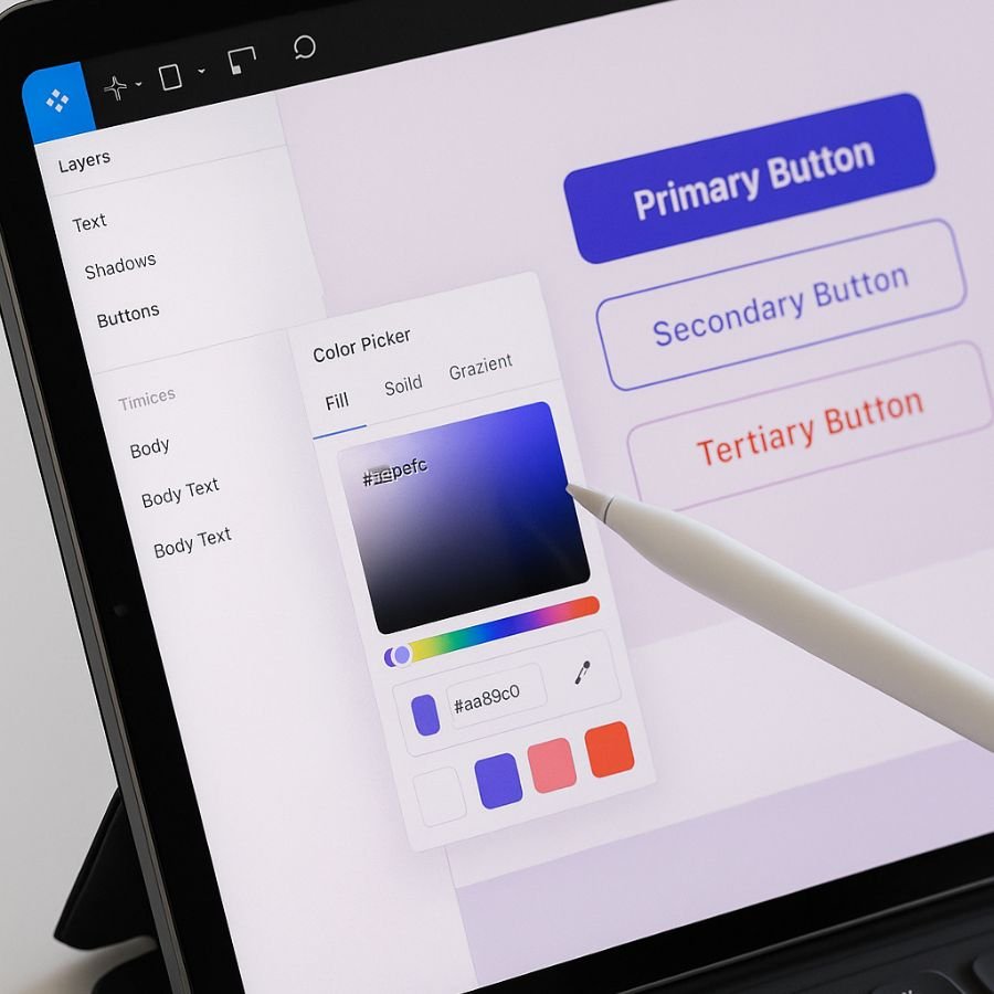 Tablet prikazuje Figma UI dizajn s odabranim bojama u Digistil paleti; lebdeća olovka iznad gumba, fokus na picker sa hex kodovima #4a00e0, #a959fc, #f96d5e, zamagljena pozadina.