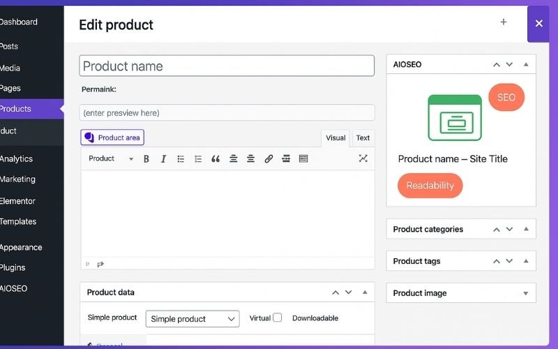 WooCommerce ekran za uređivanje proizvoda sa SEO pregledom isječka – optimizacija webshop stranice za online trgovinu uz Digistil agenciju