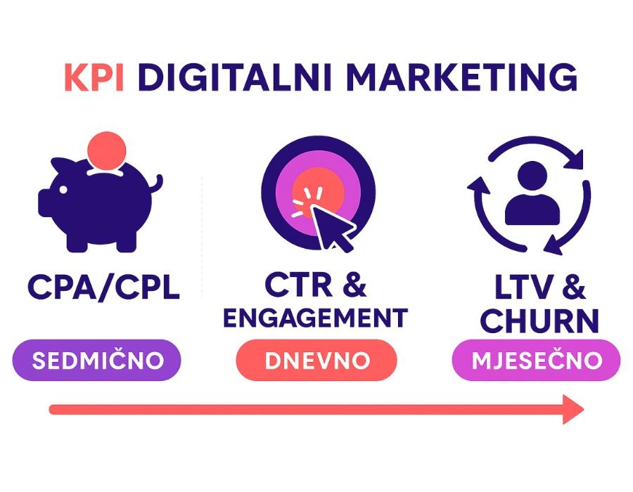 Infografika ključnih KPI metrike za digitalni marketing: CPA, CTR, LTV
