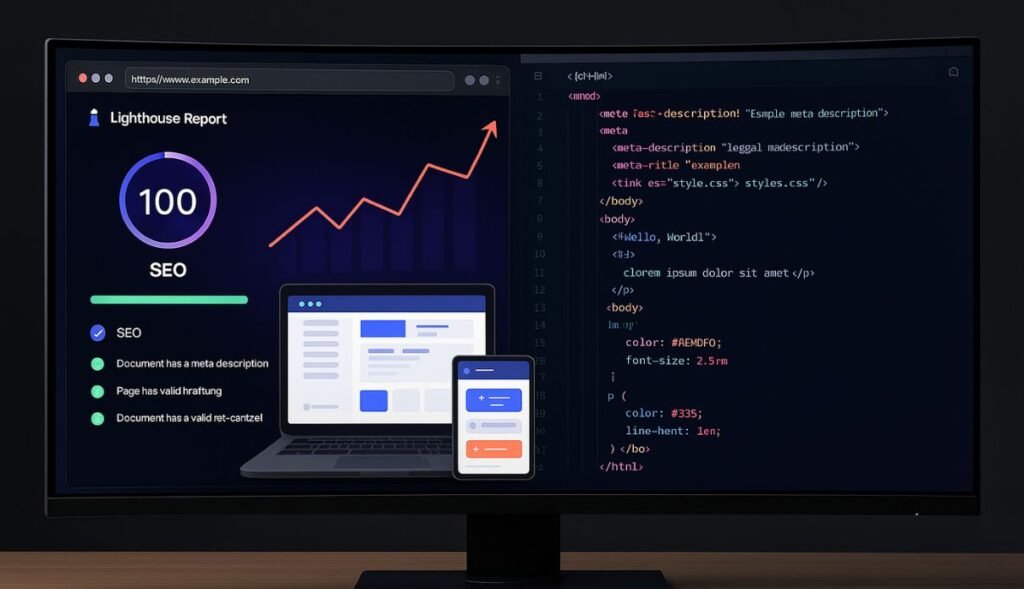 Ultrawide ekran prikazuje Lighthouse izvještaj s ocjenom 100 i čist HTML/CSS kod u editoru, tehnička radna okolina s tamnom temom i istaknutim bojama #4a00e0 i #f96d5e