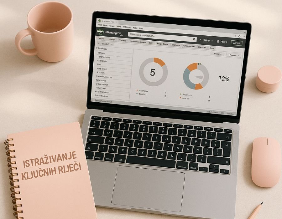 Radna površina sa laptopom koji prikazuje SEO audit, blok s bilješkama o ključnim riječima i pastelno ružičasti elementi – SEO optimizacija u toku.
