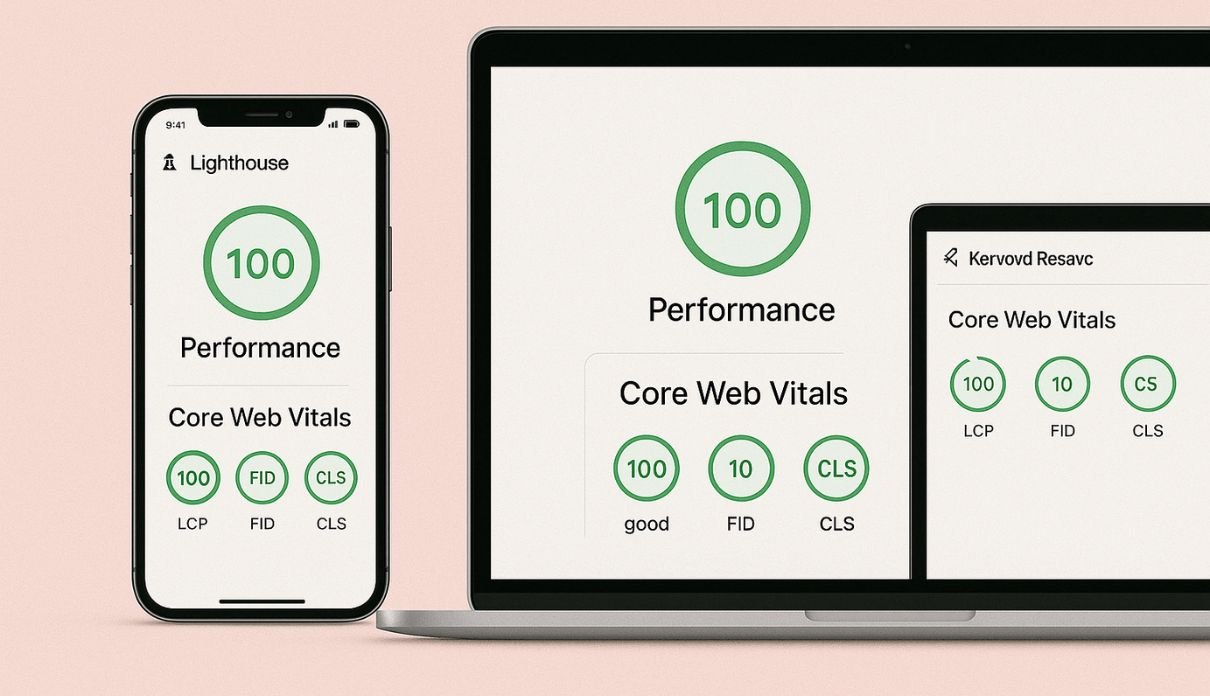 Rezultat Lighthouse testa i Core Web Vitals prikazan na mobilnom i desktop ekranu – savršena SEO optimizacija