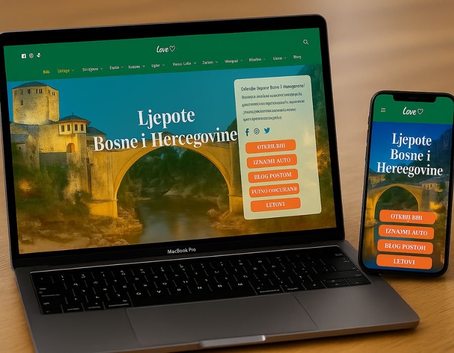 Prikaz web stranice LoveBiH na laptopu i pametnom telefonu, s koraljno označenim CTA dugmetom i brend-zelenim zaglavljem