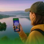 Turistkinja gleda panoramu Plivskog jezera u Bosni i Hercegovini, držeći telefon s otvorenom LoveBiH aplikacijom, s blagim nijansama brend-boja na nebu