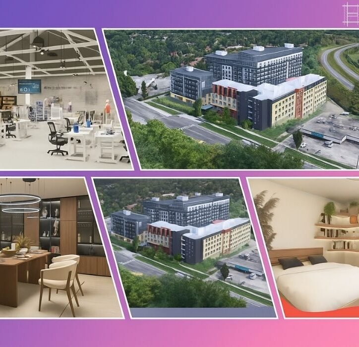 Kolaz rendera i fotografija arhitektonskih i interijerskih projekata Studio Hatch, prikazani u modernom horizontalnom formatu