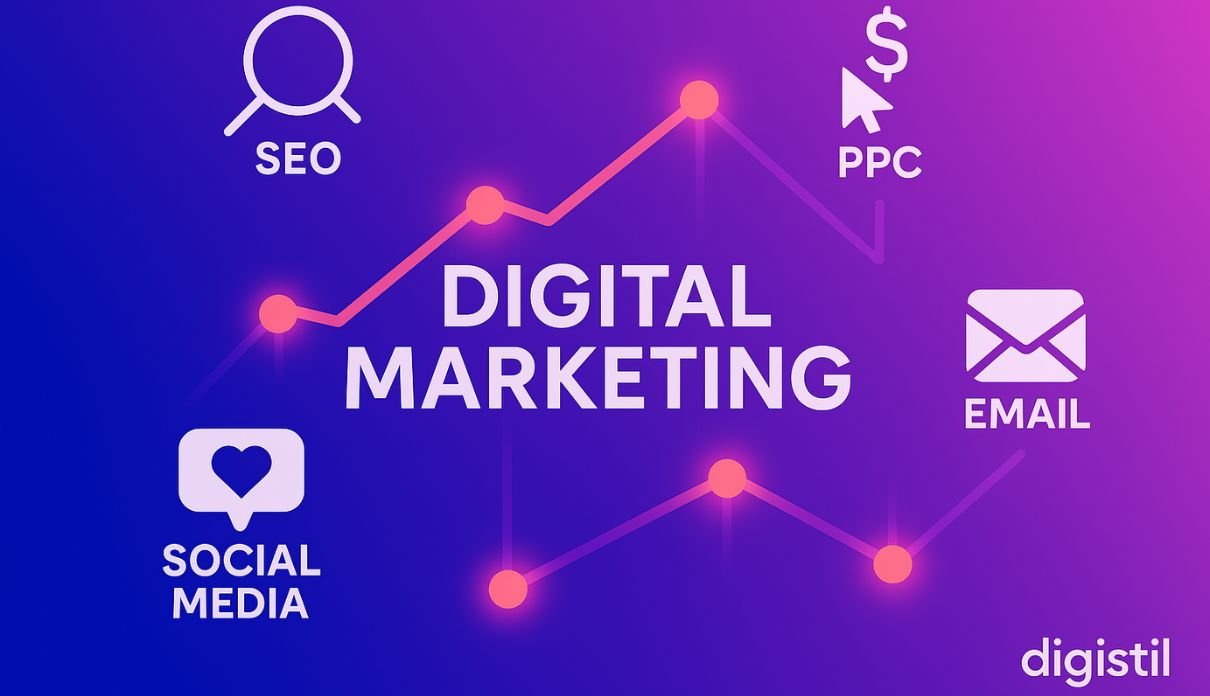 Mreža digitalnog marketinga sa SEO, PPC, društvenim mrežama i emailom – vizualni prikaz usluga agencije Digistil