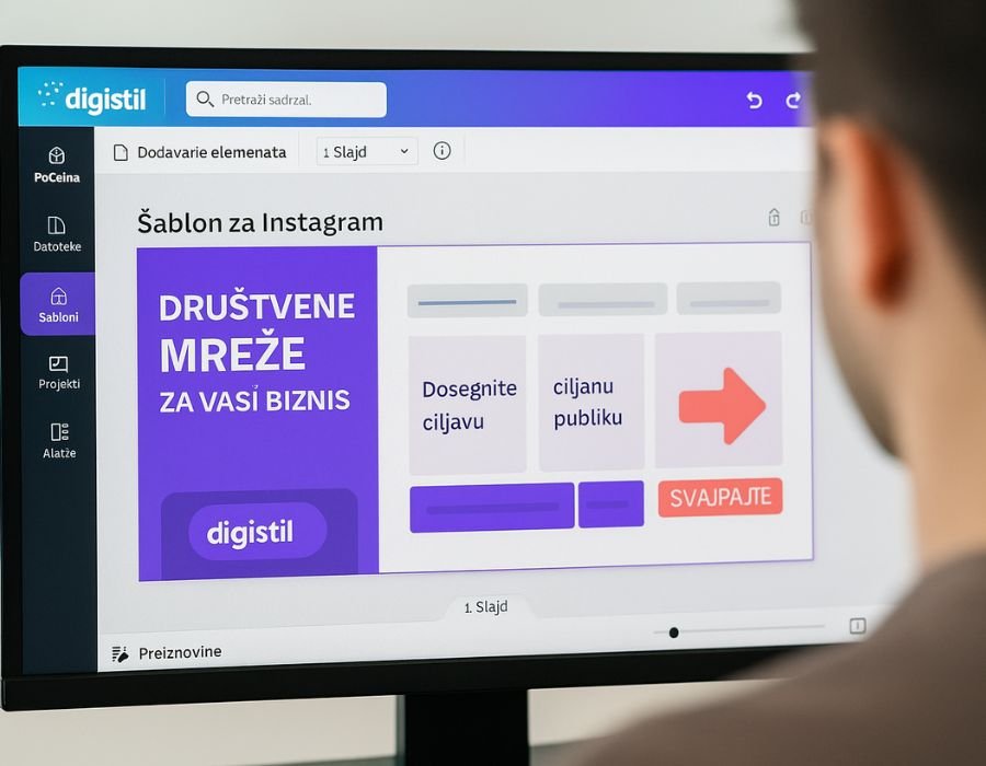 Dizajner kreira Instagram carousel u Canvi – šablon za društvene mreže sa pozivom na akciju u brend bojama agencije Digistil