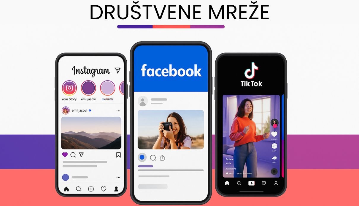 Hero banner sa prikazom Facebook, Instagram i TikTok feedova – društvene mreže u bojama brenda Digistil na bijeloj pozadini