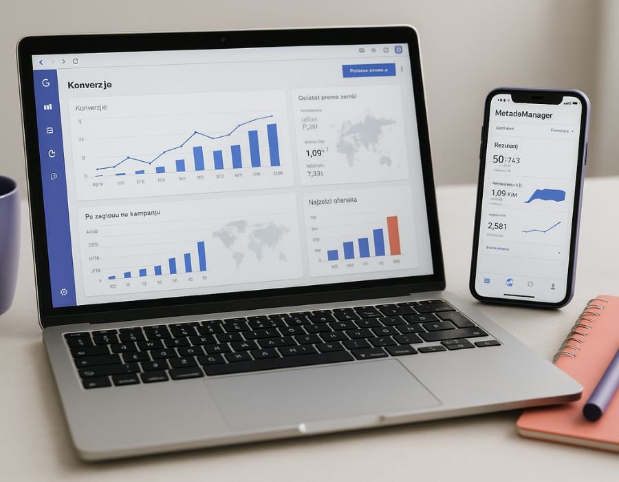 Prikaz GA4 konverzija na laptopu i Meta Ads rezultata na telefonu – multikanalni nadzor u digitalnom marketingu agencije Digistil