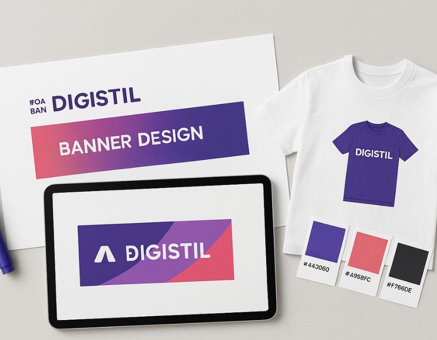 Moodboard s brend elementima – banner, majica i boje na dizajnerskom stolu u bojama Digistil agencije