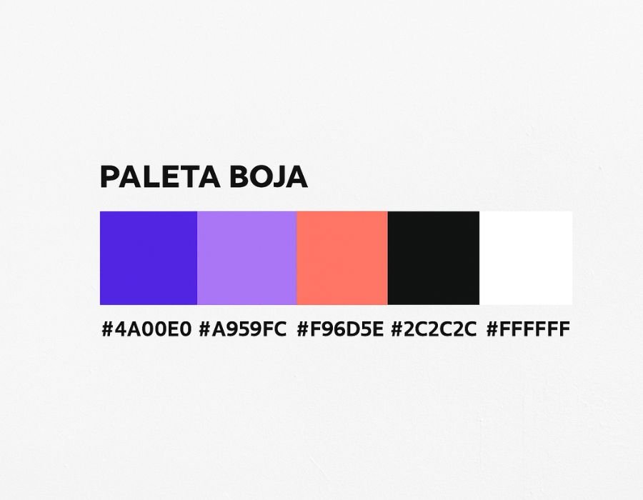 Horizontalna traka s heksadecimalnim kodovima boja #4a00e0, #a959fc, #f96d5e, #2c2c2c i #ffffff – službena paleta boja brenda Digistil