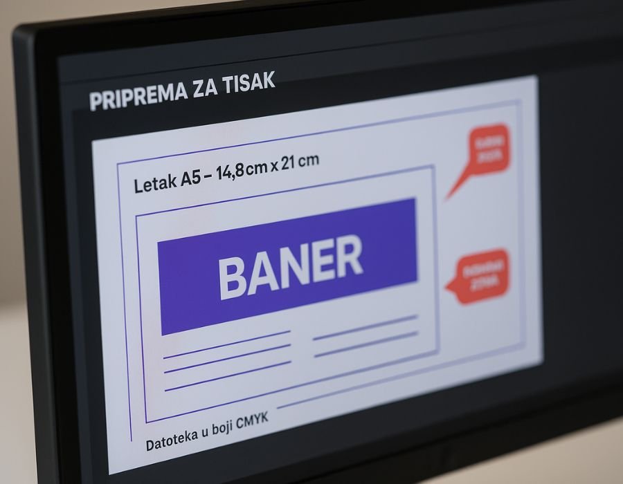 Priprema za tisak A5 letka u CMYK formatu na ekranu – finalni dizajn sa linijama nareza i oblačićima u brend bojama agencije Digistil