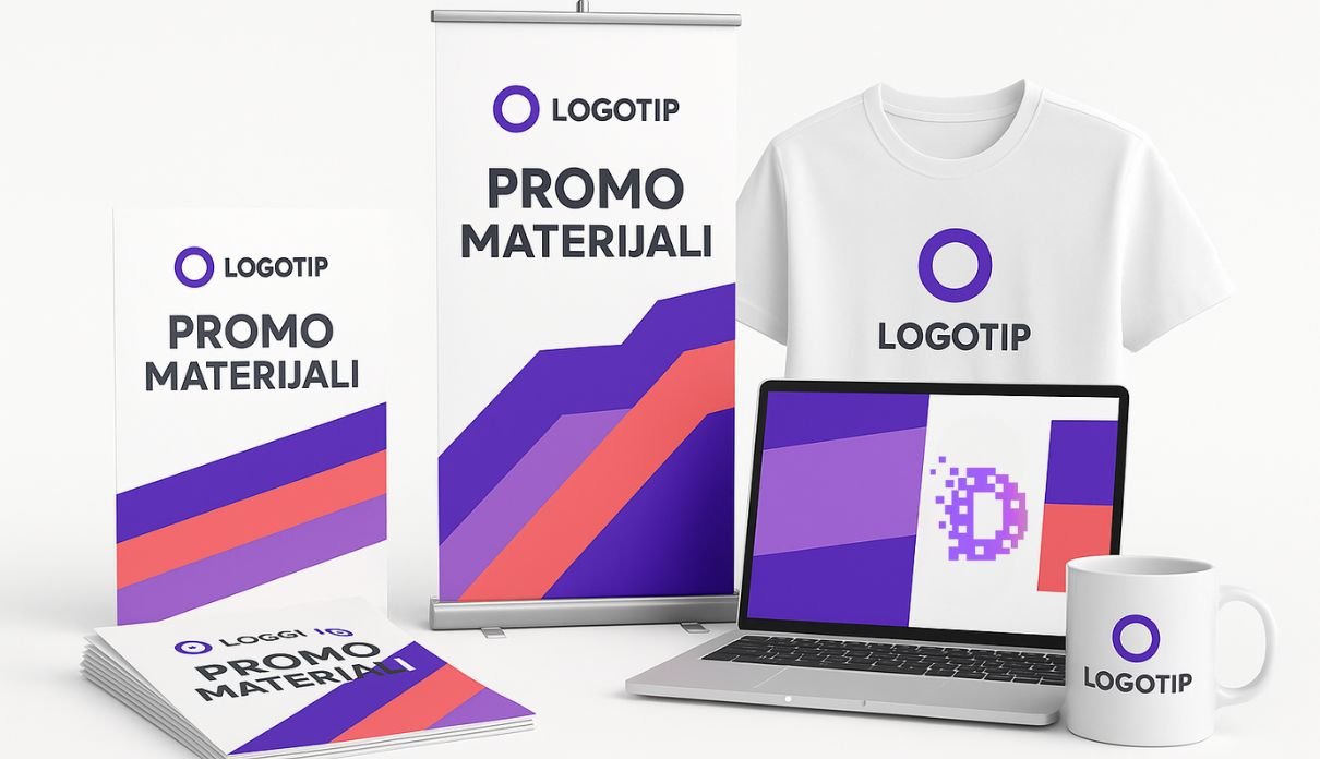 Kolaž promotivnih materijala – letci, roll-up baner, brošura, majica i šolja u bojama brenda Digistil na bijeloj pozadini