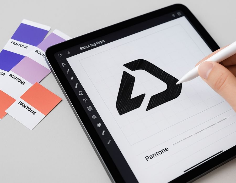 Skica logotipa na tabletu sa Pantone uzorcima u brend bojama – proces kreiranja vizualnog identiteta u agenciji Digistil