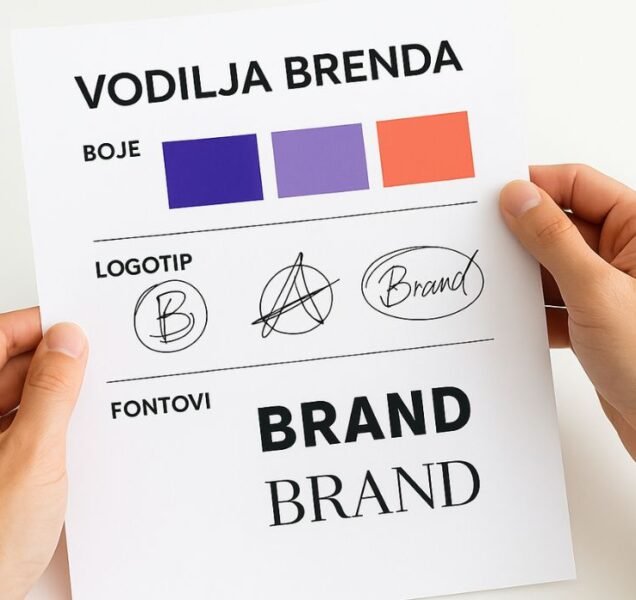 Ruke dizajnera drže moodboard sa brend bojama, logotipima i fontovima – vizualna prezentacija brend identiteta agencije Digistil