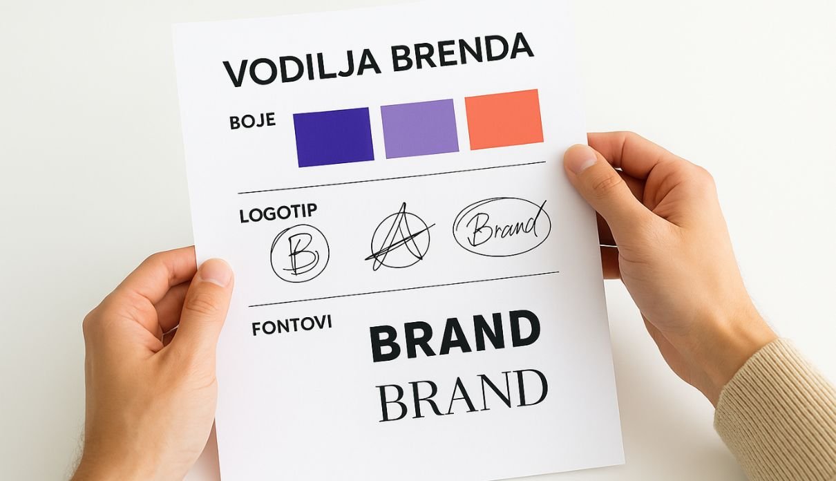 Ruke dizajnera drže moodboard sa brend bojama, logotipima i fontovima – vizualna prezentacija brend identiteta agencije Digistil