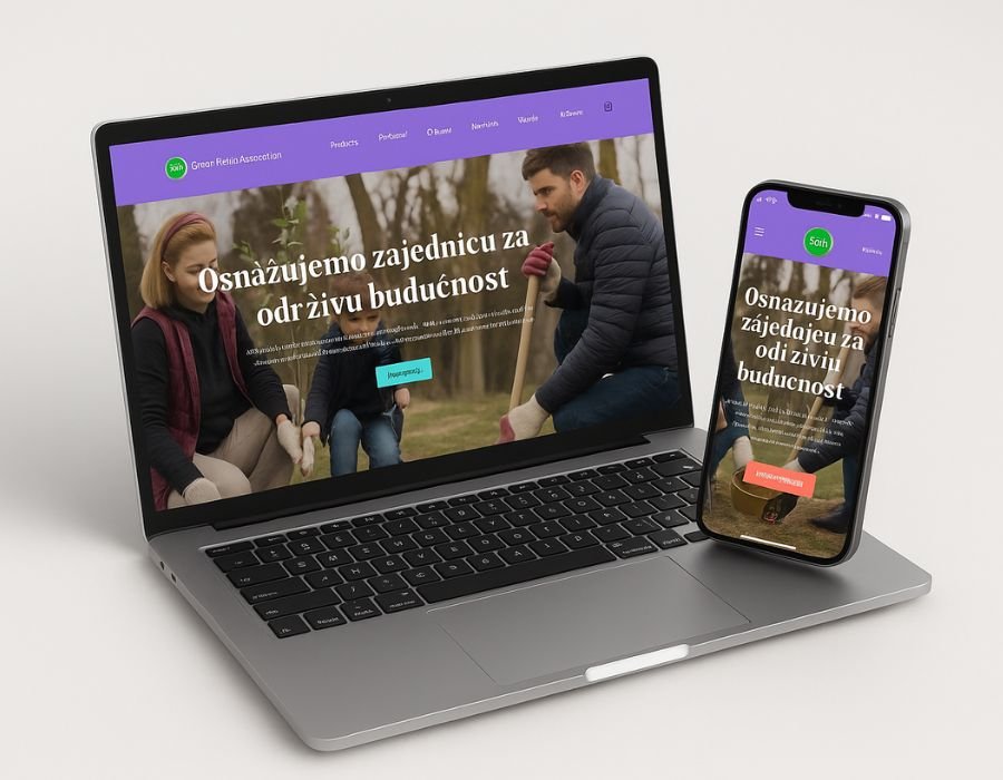 esponsive prikaz početne stranice Green Future Association na laptopu i mobitelu, Digistil purple header