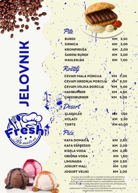 Šareni jelovnik Fresh Pamstore s ćevapom, plavim prskanjem boje i ilustracijama kafe i sladoleda Sources Ask ChatGPT