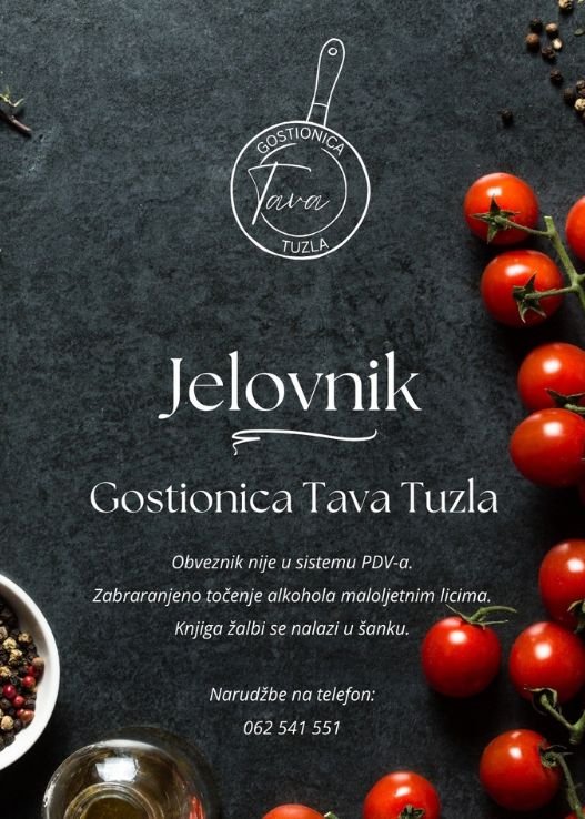 Rustikalan crni jelovnik Gostionice Tava s logom tave, cherry paradajzom i začinima