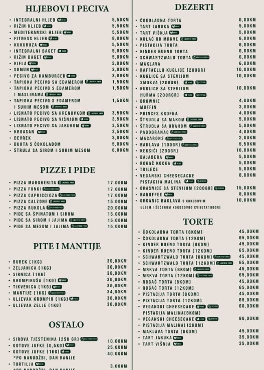 Minimalistički bezglutenski jelovnik No Gluten Factory s označenim GF pecivima, pizzama i tortama