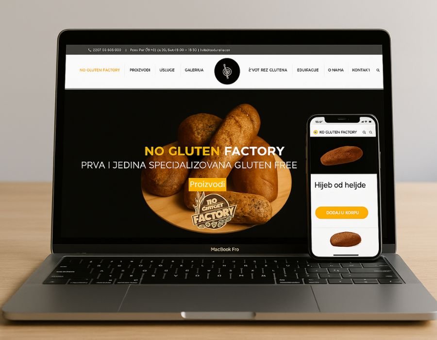 Prikaz responzivne web stranice No Gluten Factory na laptopu i pametnom telefonu, s jasno istaknutim koraljnim dugmetom Dodaj u korpu na stranici proizvoda
