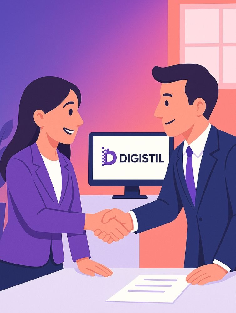 Ilustracija poslovnog tima koji potpisuje ugovor ispred ekrana s DigiStil logom
